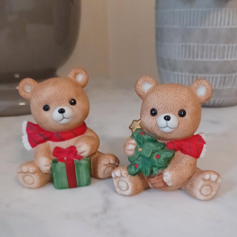 Porcelain Bisque Christmas Bears, Set of Two, Vintage